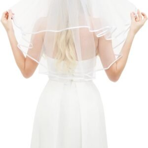 White Bridal Veil Short 2 Tier Veil with white binding | Bridal Veil for Women-Bachelorette Party、Halloween Costume、Flower Girl、Wedding Shower Accessories