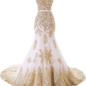 Mermaid Long Tulle Gold Lace Corset Sweetheart Wedding Dresses with Sash