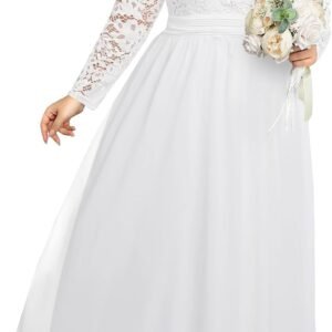 Plus Size Formal Wedding Dresses - Gowns Evening Prom Elegant V Neck Long Sleeve Lace Chiffon Long Maxi Dress