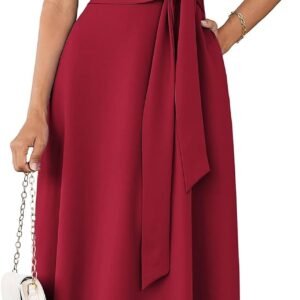 Women  Work Dress Sleeveless Tie Waist Elegant Party Cocktail A Line Flowy Midi Dresses with Pockets