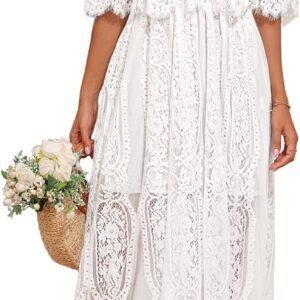 Women's Off Shoulder Lace Maxi Dress Boho Wedding Guest Bridesmaid Beach Formal Long Dress
