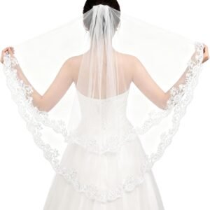 White Lace Veil, Lace Appliques Bridal Veils, Bridal Wedding Veil, Women's Satin Edge Tulle for Wedding, Bachelorette Party, Brides Shower (78cm/30.7 Inches)