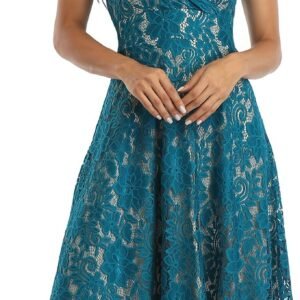 Women's Floral Lace Overlay Fit and Flare Dress Sexy V-Neck Knee Length Elegant Party Wedding Dress
