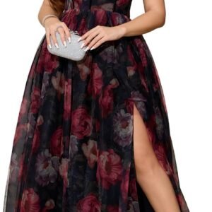 Plus Size Formal Wedding Guest Cocktail Party Floral Dress with Slit | Plus Size,Floral,Tulle,Midi,Sweetheart,Off Shoulder,A Line,Gown,Wedding Guest,Cocktail,Prom,Strapless,Formal,Party,Evening