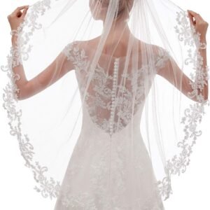 Womens Short Fingertip Length 1 Tier Lace Wedding Bridal Veil with Metal Comb
