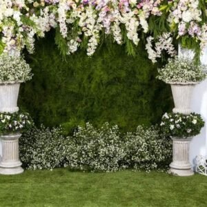 Flowers Wedding Backdrop 10x8ft Greenery Wedding Party Backdrop Stone Planter White Curtain Green Ivy Wall Floral Marriage Bridal Shower Ceremony Photo Studio Prop Background