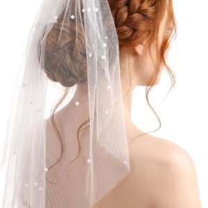 Bride Veil White Short Wedding Veil Pearl Bachelorette Veils for Women Wedding Dress Accessories Bachelorette Party Bridal Shower Engagement Photos